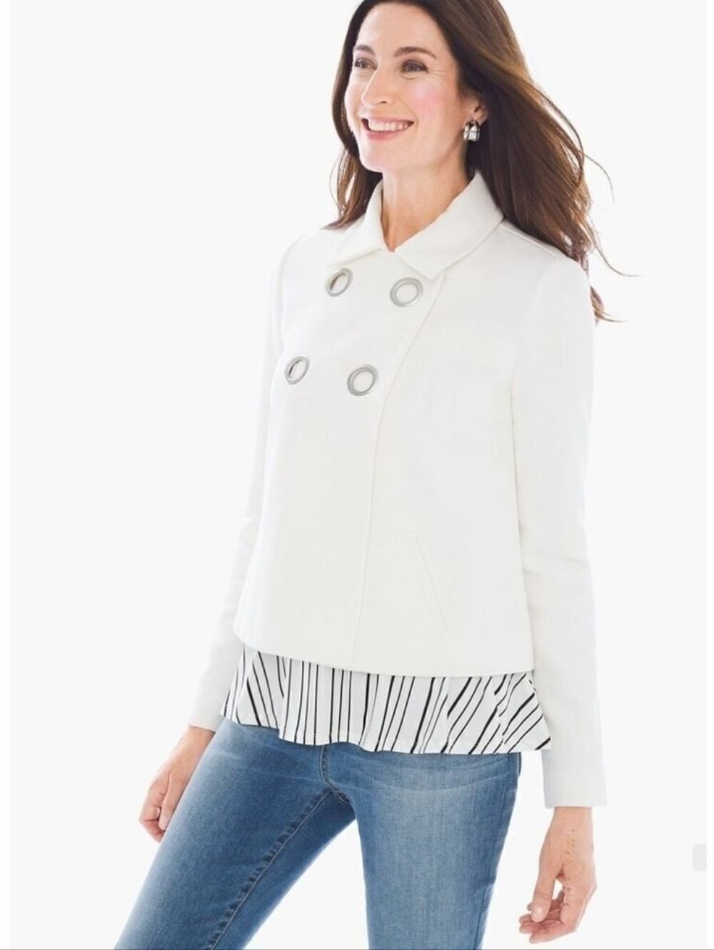 Vintage CHICO'S Cream Cropped Double Breasted Jacket Silver Grommet Size 3
